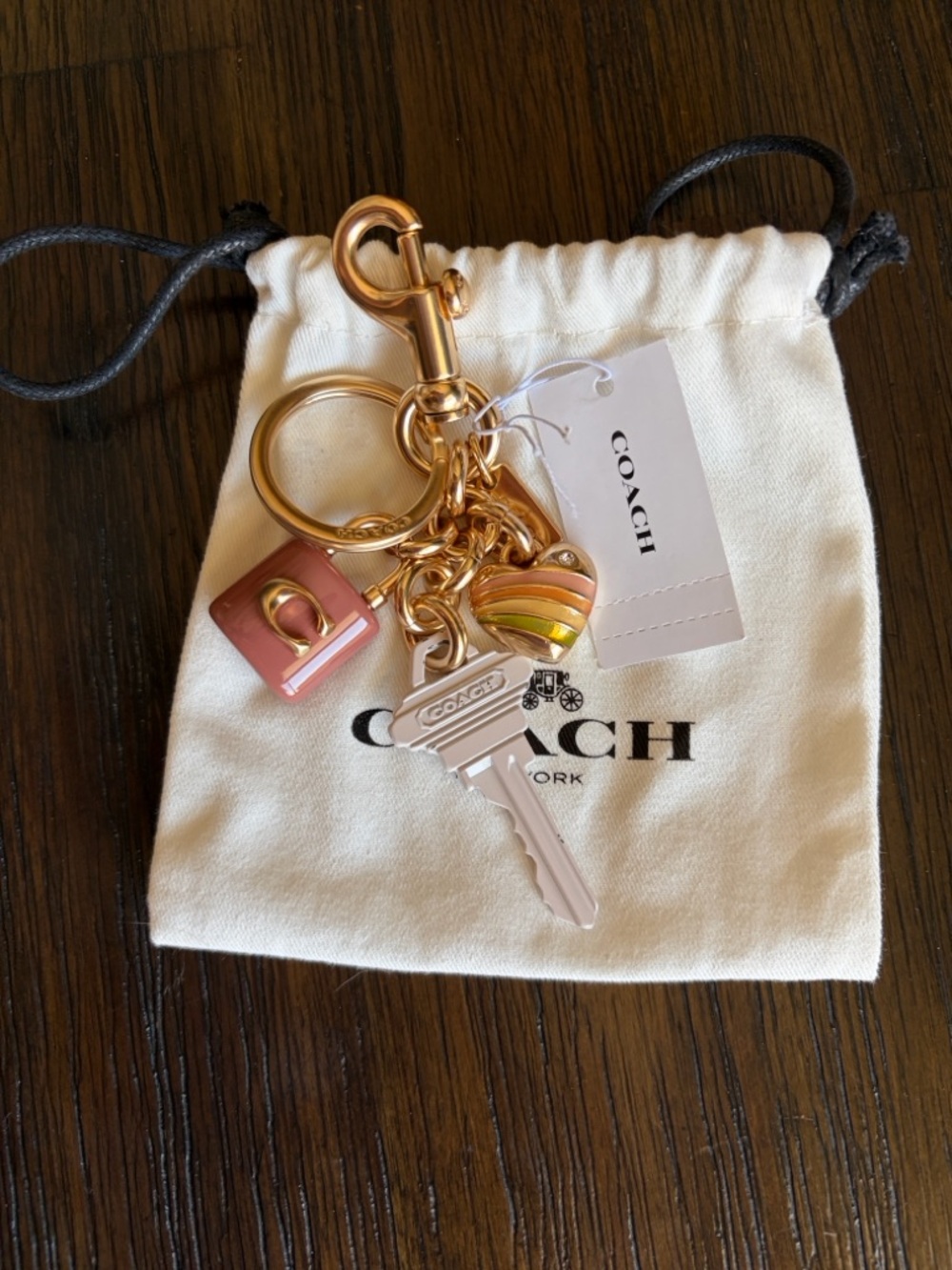 Coach Gold-tone Key Charm with Pink Enamel & Rainbow Heart Accents W/Dust Bag - Picture 2 of 3